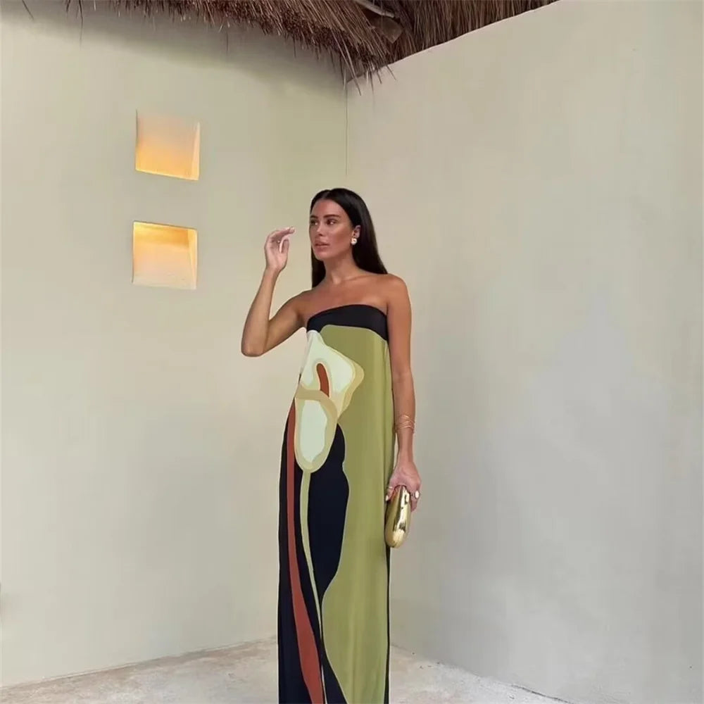 Vestido Longo sem Alças Estampado